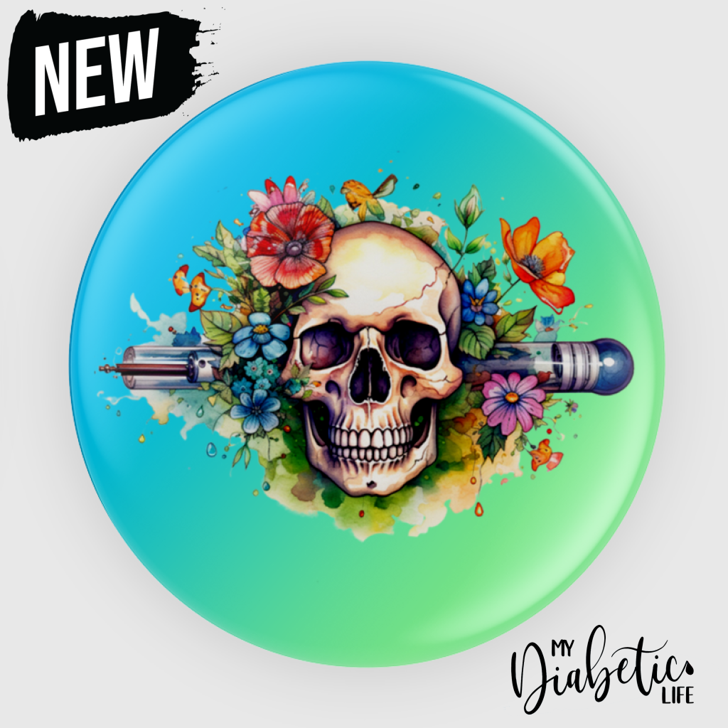 Floral Skull With Vintage Insulin Pen - 58Mm Badge Or Magnet Badge/Magnet