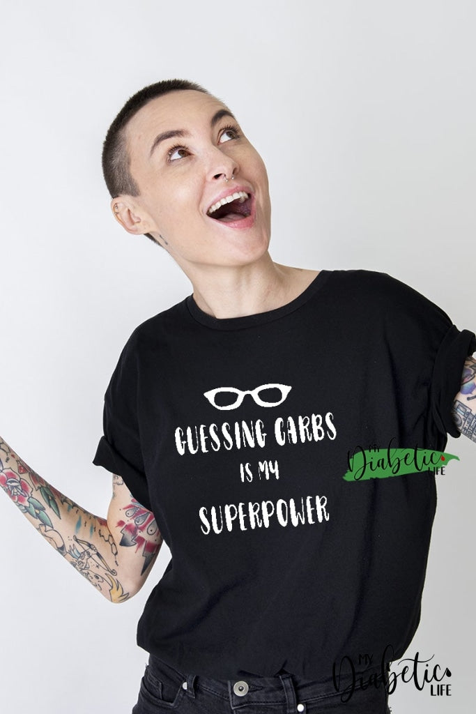 Guessing Carbs is my Superpower! - diabetes awareness, type1 diabetic, Basic White t-shirt, Womens Graphic Diabetes Tee - MyDiabeticLife