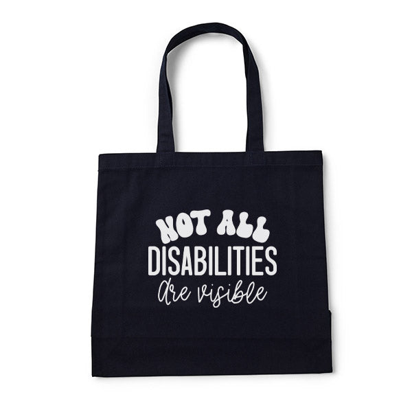 Navy tote bag with 'Not all disabilities are visible' text on a white background