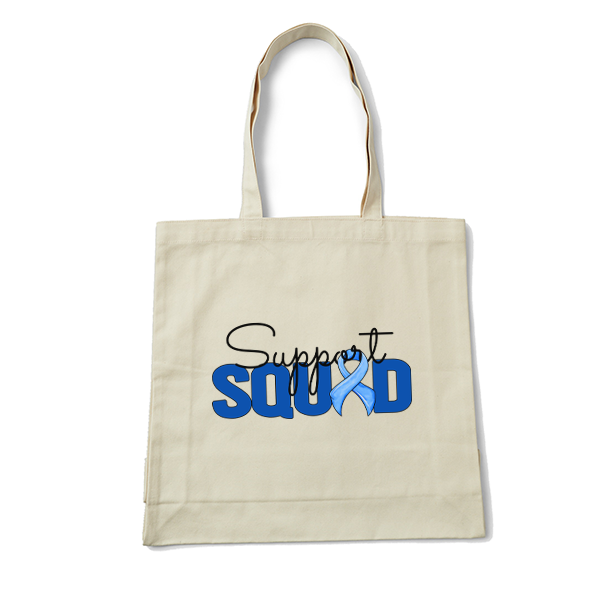 Beige tote bag with 'Support Squad' text and blue ribbon design on a white background