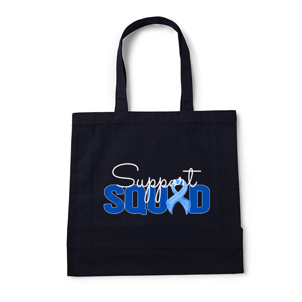 Black tote bag with 'Support Squad' text and blue ribbon design on a white background