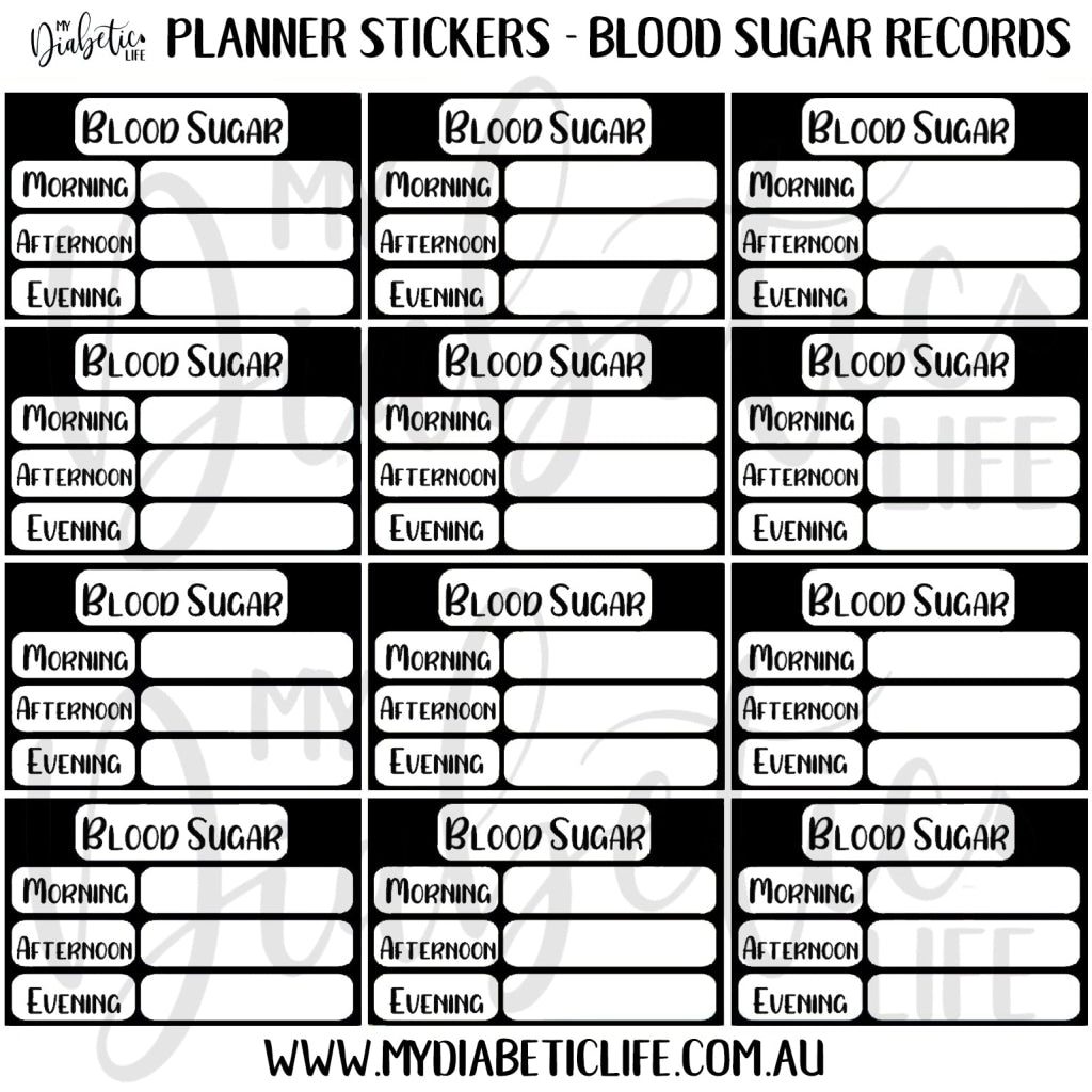 12 Blood Sugar Trackers For Planners Black Stickers
