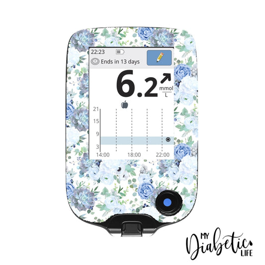 Blue Succulents - Freestyle Libre + Sensor Peel Skin And Decal Glucose Meter Sticker Freestyle
