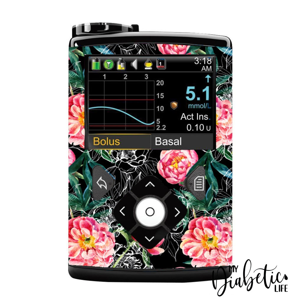 Dark Florals - Medtronic Pump (630/640/670/770) Sticker Full Cover W/clip 630/640/670