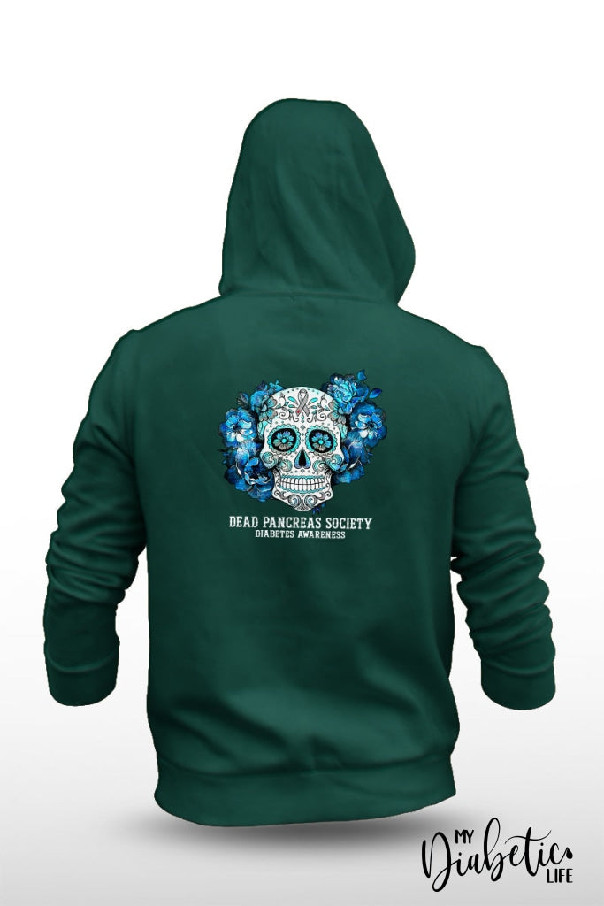 Dead Pancreas Society - Sugar Skull Unisex Fleece Hooded Jacket S / Bottle Green Hoodie