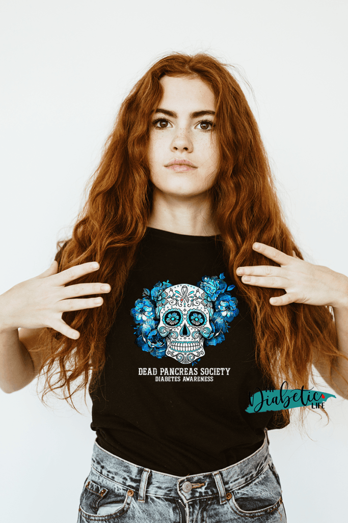 Dead Pancreas Society - Sugar Skulls - diabetes awareness, medical conditions, type one diabetic, Basic White t-shirt, Womens Graphic Diabetes Tee - MyDiabeticLife