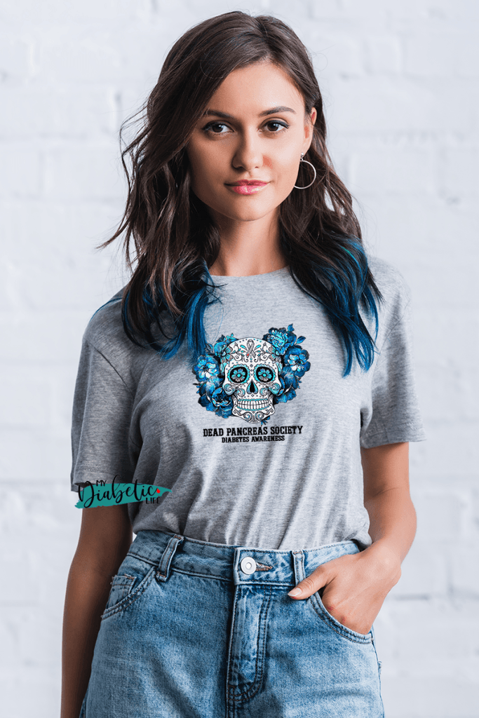 Dead Pancreas Society - Sugar Skulls - diabetes awareness, medical conditions, type one diabetic, Basic White t-shirt, Womens Graphic Diabetes Tee - MyDiabeticLife
