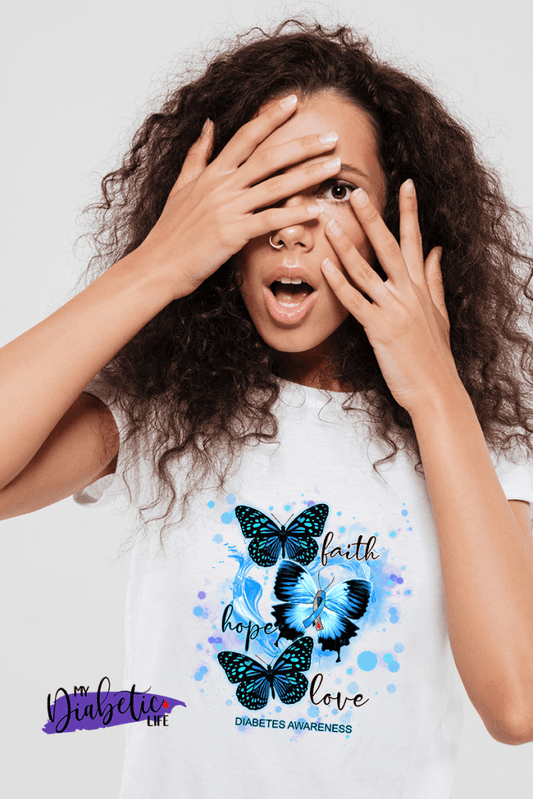 Faith Hope with Butterflys - diabetes awareness, medical conditions, type one diabetic, Basic White t-shirt, Womens Graphic Diabetes Tee - MyDiabeticLife
