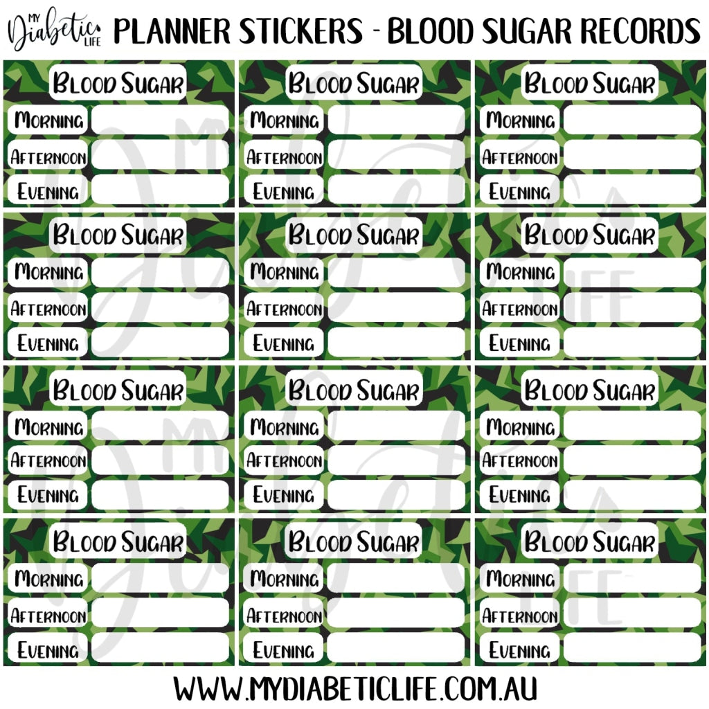 Geo Green Camo - 12 Blood Sugar Trackers For Planners Stickers