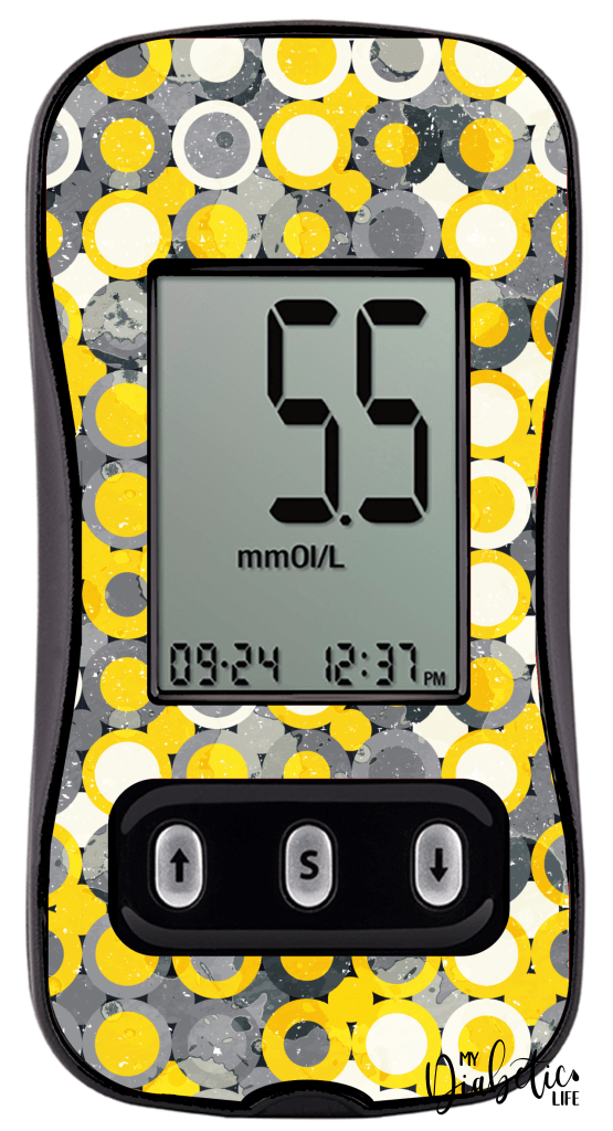 Geo Spots Grey & Yellow - Caresens N, skin and Decal, glucose meter sticker - MyDiabeticLife