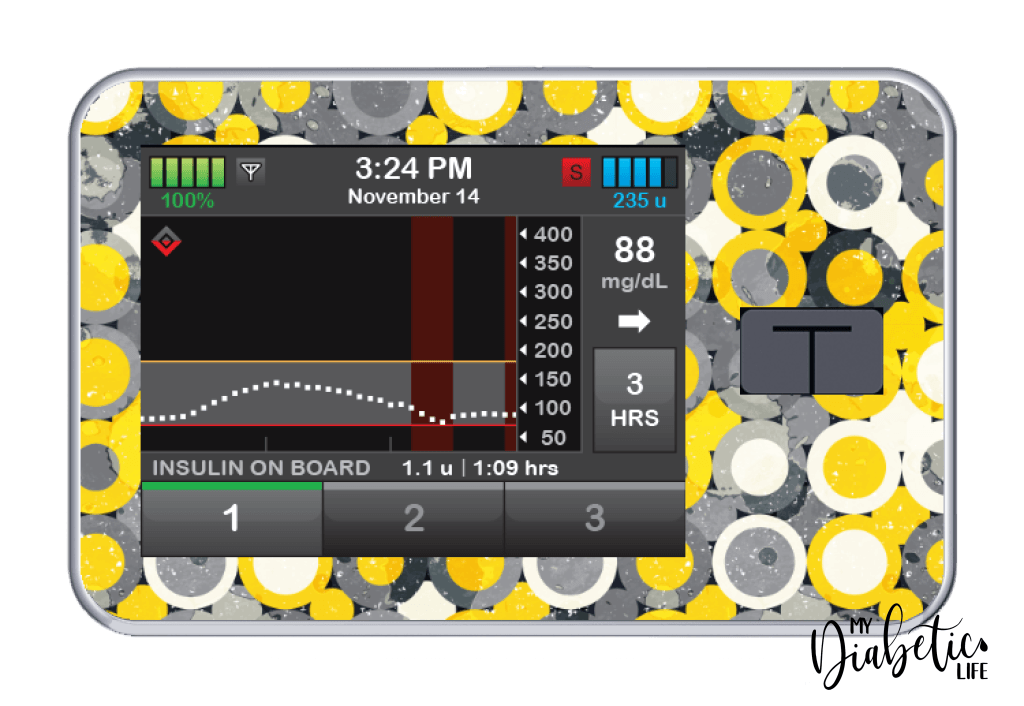 Geo Spots Grey & Yellow- Tandem Tslim x2 Pump Peel, skin and Decal, insulin pump sticker - MyDiabeticLife