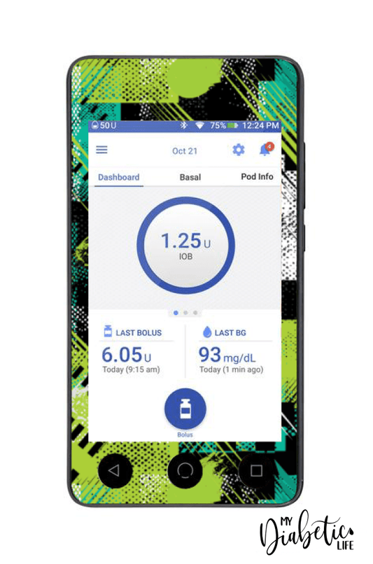Green Grunge - Omnipod Dash, skin and Decal, glucose meter sticker - MyDiabeticLife