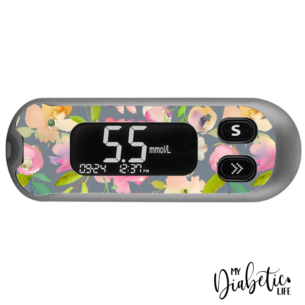 Grey Florals - CareSens N Pop - Peel, skin and Decal, glucose meter sticker - MyDiabeticLife
