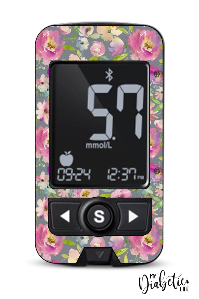 Grey Florals- Caresens N Premier, skin and Decal, glucose meter sticker - MyDiabeticLife