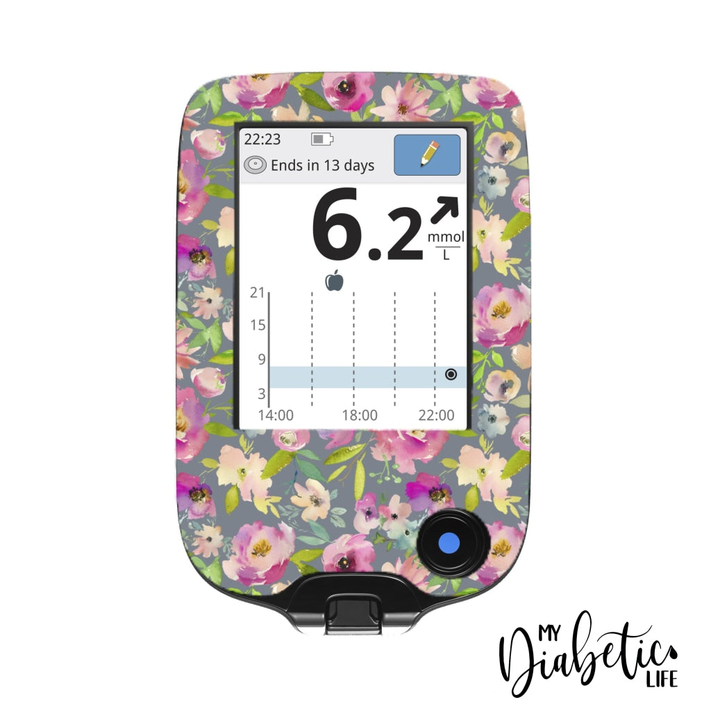 Grey Florals - Freestyle Libre Peel, skin and Decal, glucose meter sticker - MyDiabeticLife