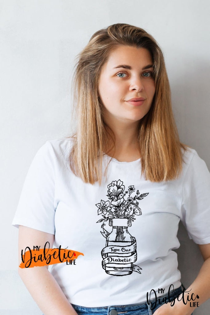 Insulin Vial Vase - diabetes awareness, medical, type1 diabetic, Basic White tshirt, Unisex Graphic Diabetes Tee - MyDiabeticLife