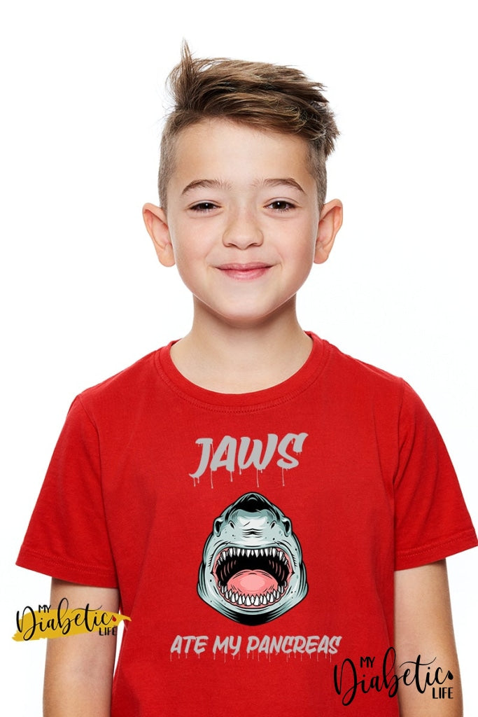 Jaws ate my Pancreas - Diabetes awareness, medical conditions, type one diabetic, Basic White tshirt, Kids Graphic Diabetes Tee - MyDiabeticLife