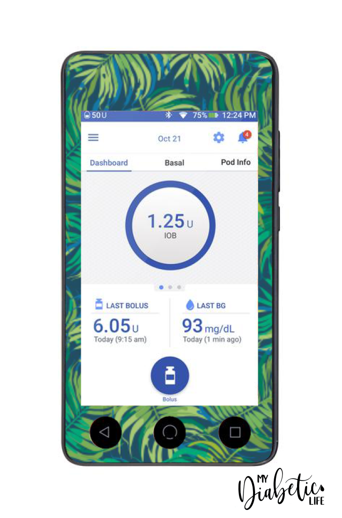 Jungle Leaves - Omnipod Dash, skin and Decal, glucose meter sticker - MyDiabeticLife