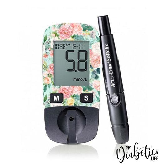 Mint Florals - Accu-chek Active Peel, skin and Decal, glucose meter sticker - MyDiabeticLife