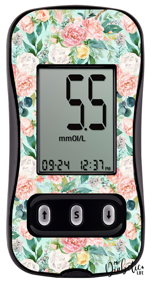 Mint Florals - Caresens N, skin and Decal, glucose meter sticker - MyDiabeticLife