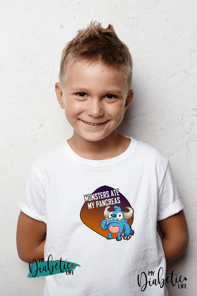 Monsters ate my pancreas - Diabetes awareness, medical conditions, type one diabetic, Basic White tshirt, Kids Graphic Diabetes Tee - MyDiabeticLife