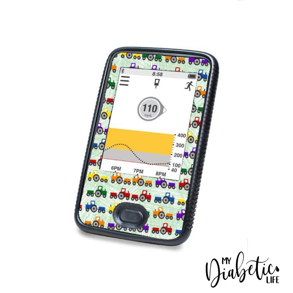 Multicoloured Tractors - Dexcom G6 Peel, skin and Decal, glucose meter sticker - MyDiabeticLife