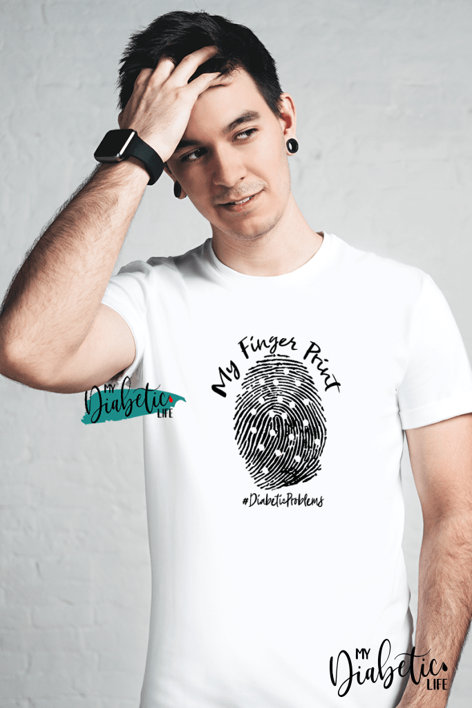 My Finger Print - Diabetic Problems -  diabetes awareness, medical, type1 diabetic, Basic White tshirt, Unisex Graphic Diabetes Tee - MyDiabeticLife