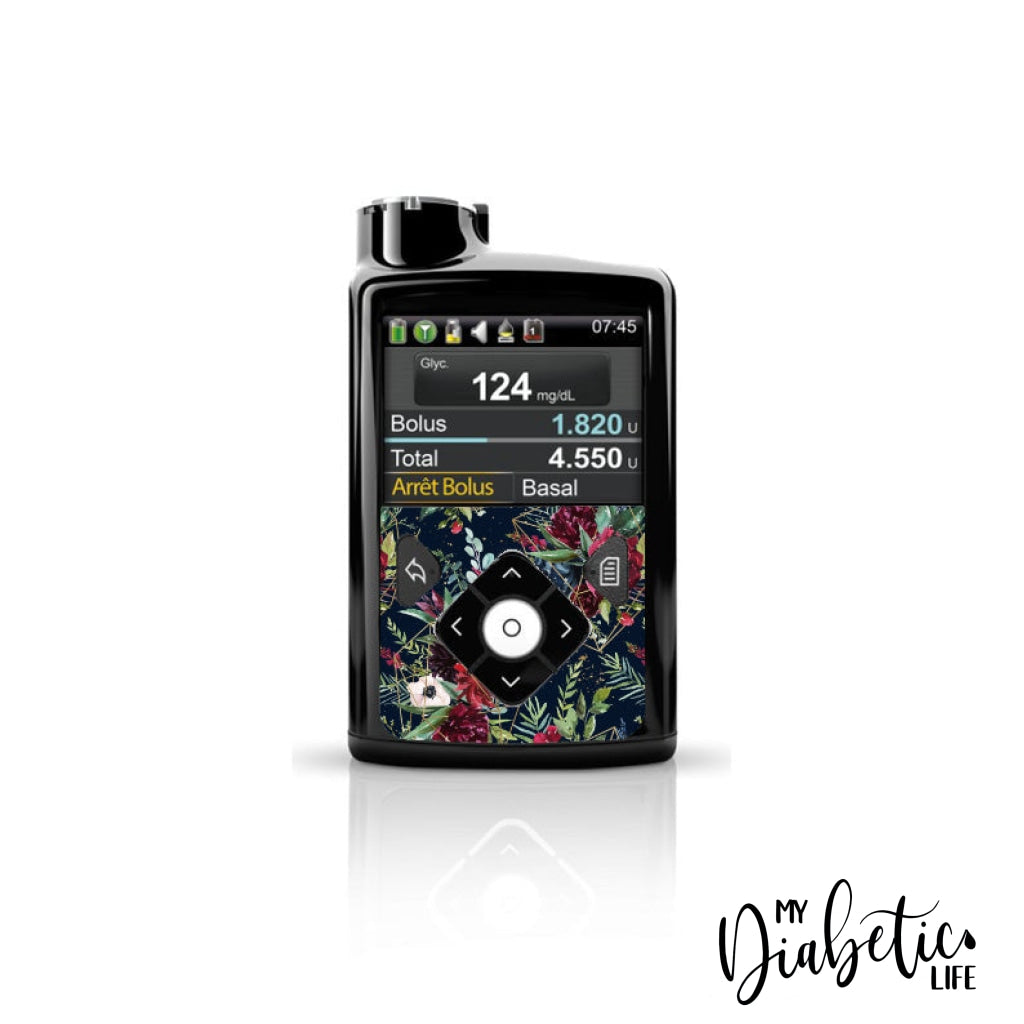 Navy Christmas Florals - Medtronic Pump (630/640/670/770) Sticker Front Mini 630/640/670