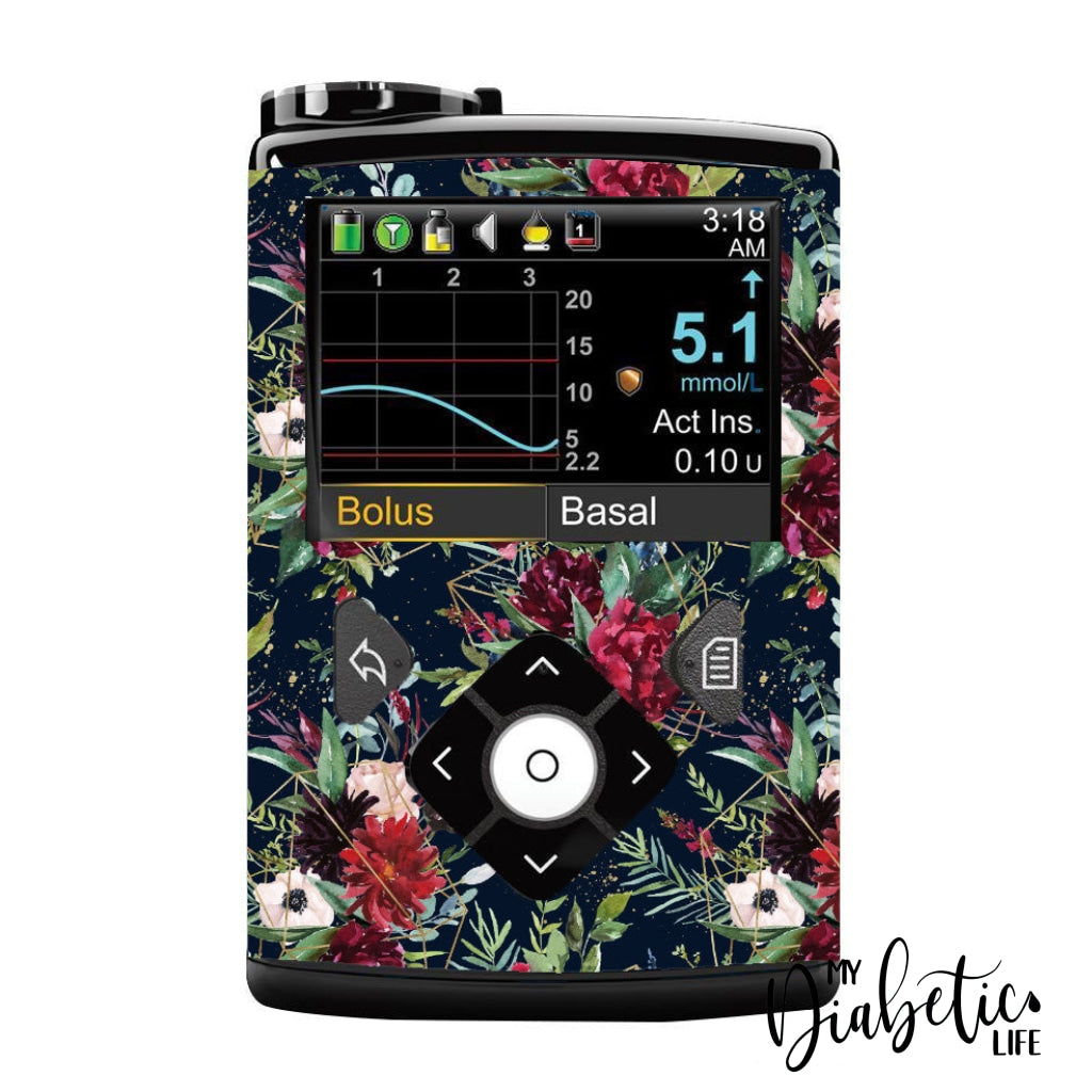 Navy Christmas Florals - Medtronic Pump (630/640/670/770) Sticker Full Cover W/clip 630/640/670