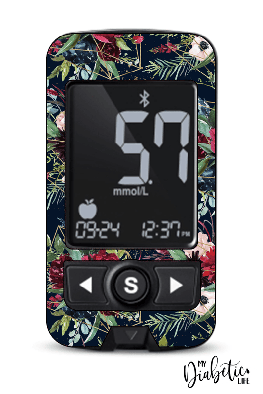 Navy Floral Christmas - Caresens Premier, skin and Decal, glucose meter sticker - MyDiabeticLife