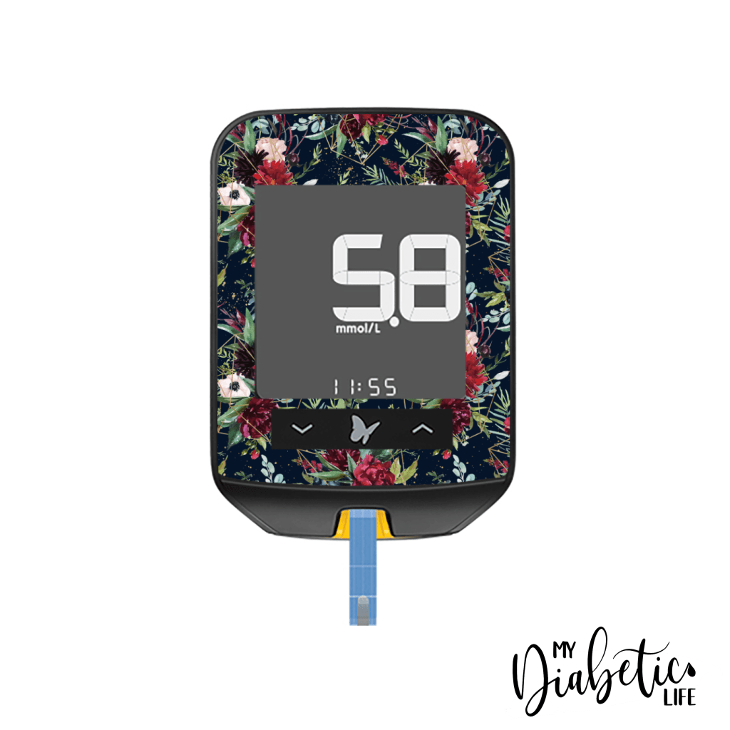 Navy Floral Christmas - Freestyle Optium Neo Peel, skin and Decal, glucose meter sticker - MyDiabeticLife