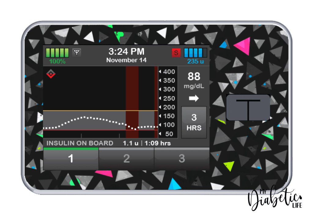Geo Neon Triangles - Tandem Tslim x2 Pump Peel, skin and Decal, insulin pump sticker - MyDiabeticLife