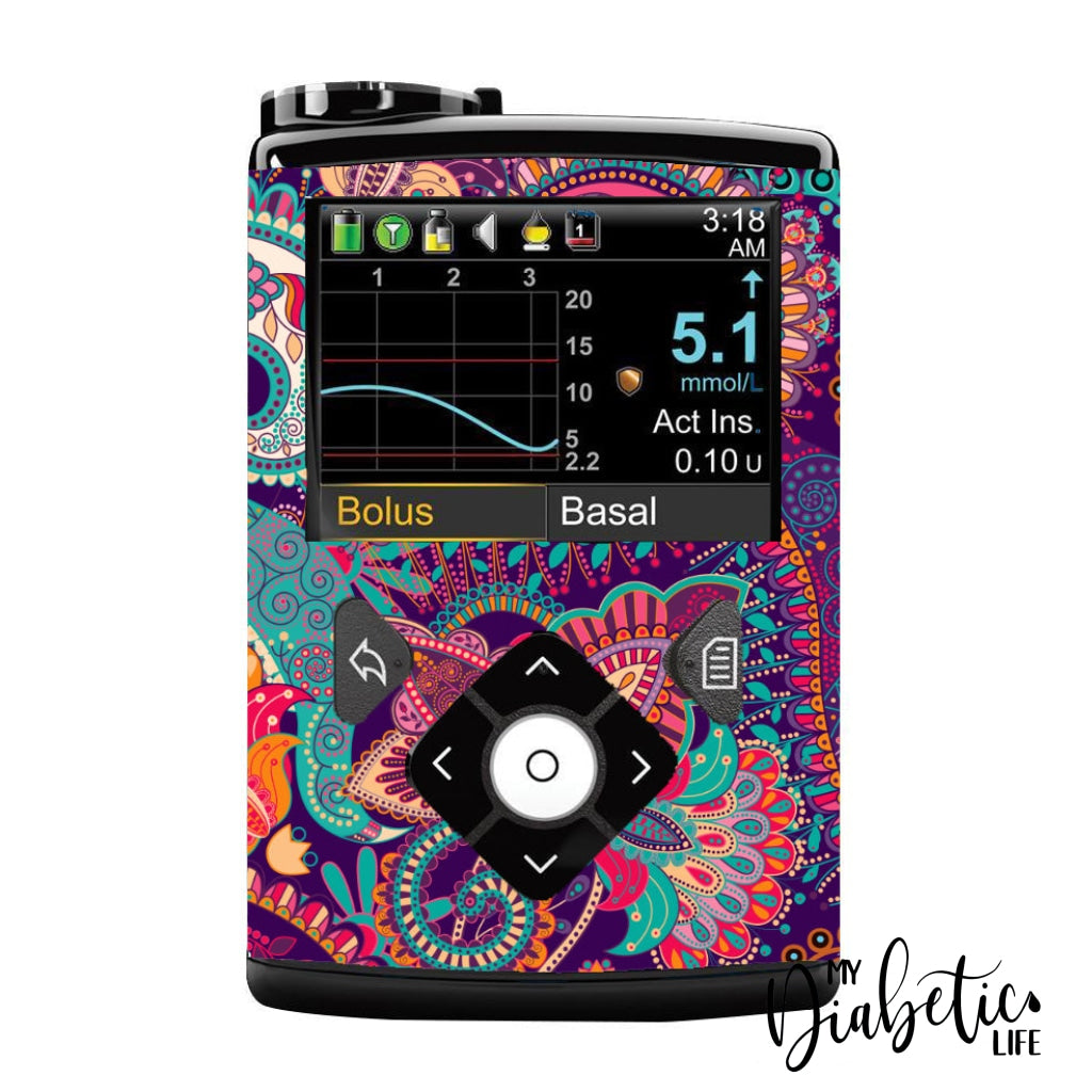 Bright Paisley - Medtronic Pump (630/640/670/770) Sticker Full Cover W/clip 630/640/670