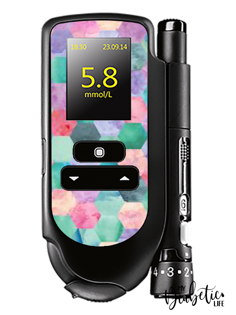 Patchwork Hexagons- Accu-chek Mobile Peel, skin and Decal, glucose meter sticker - MyDiabeticLife