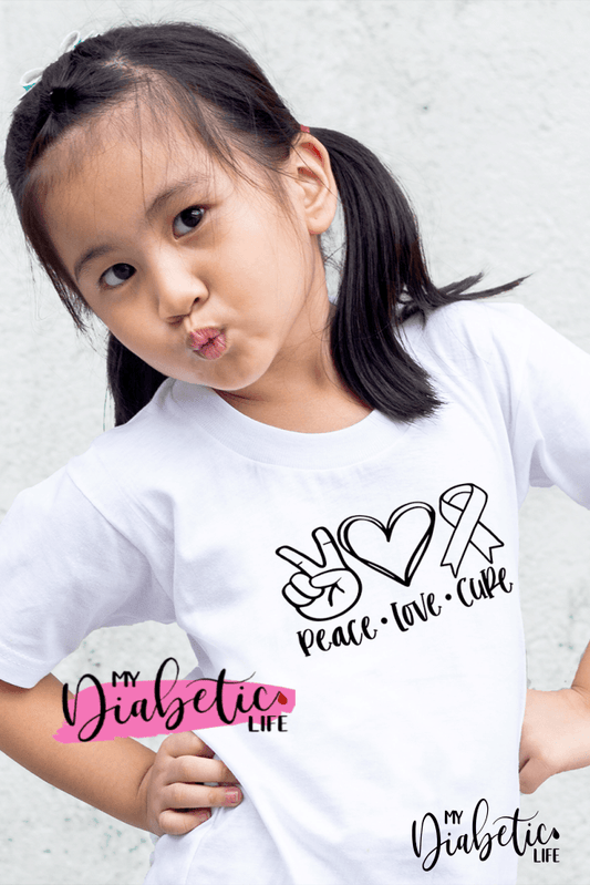 Peace Love Cure - Diabetes awareness, medical conditions, type one diabetic, Basic White tshirt, Kids Graphic Diabetes Tee - MyDiabeticLife