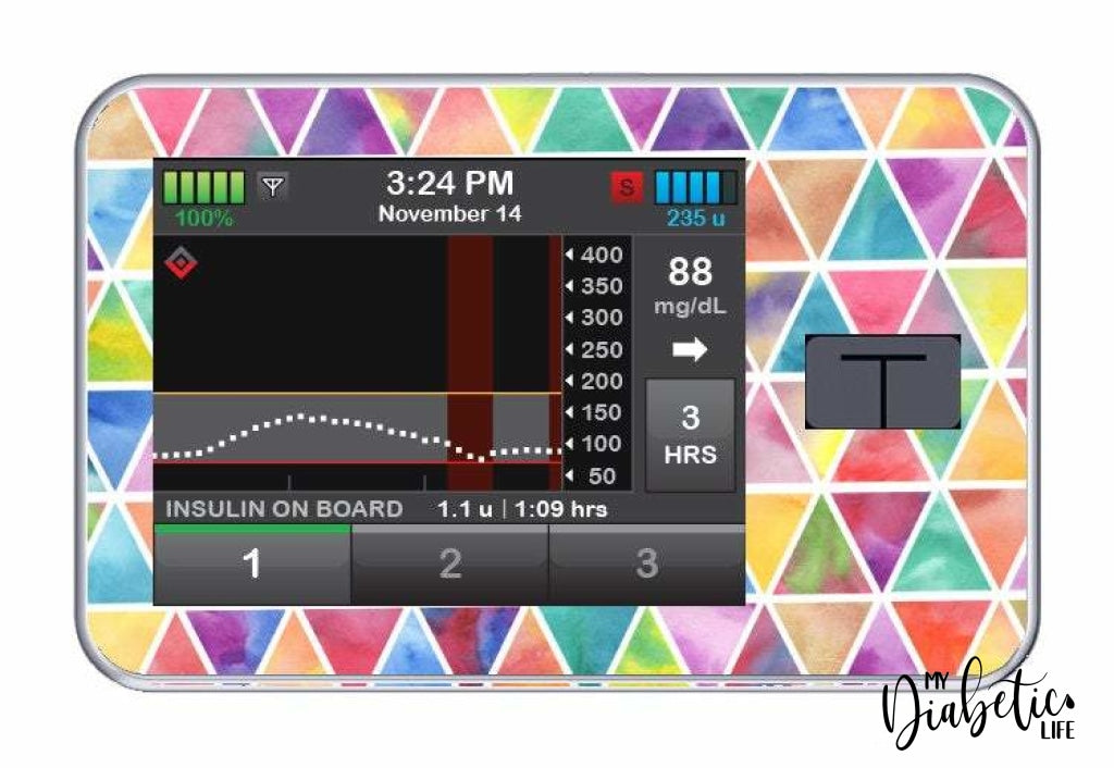 Rainbow geometric triangles - Tandem Tslim x2 Pump Peel, skin and Decal, insulin pump sticker - MyDiabeticLife