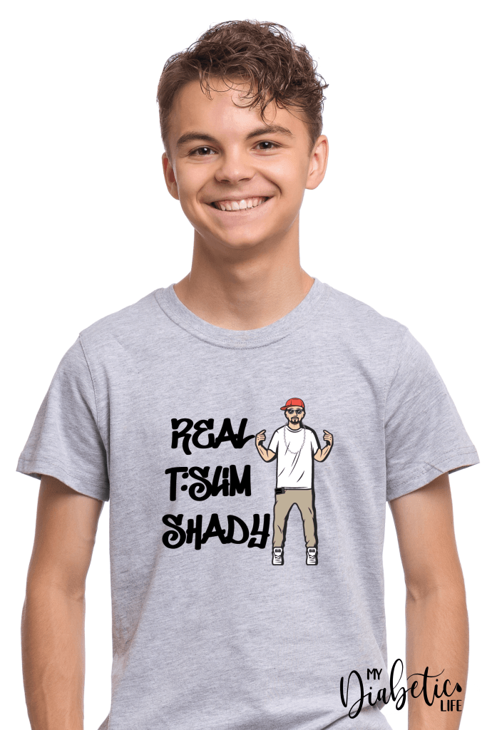 Real T:slim Shady  - Diabetes awareness, medical conditions, type one diabetic, Basic White tshirt, Kids Graphic Diabetes Tee - MyDiabeticLife