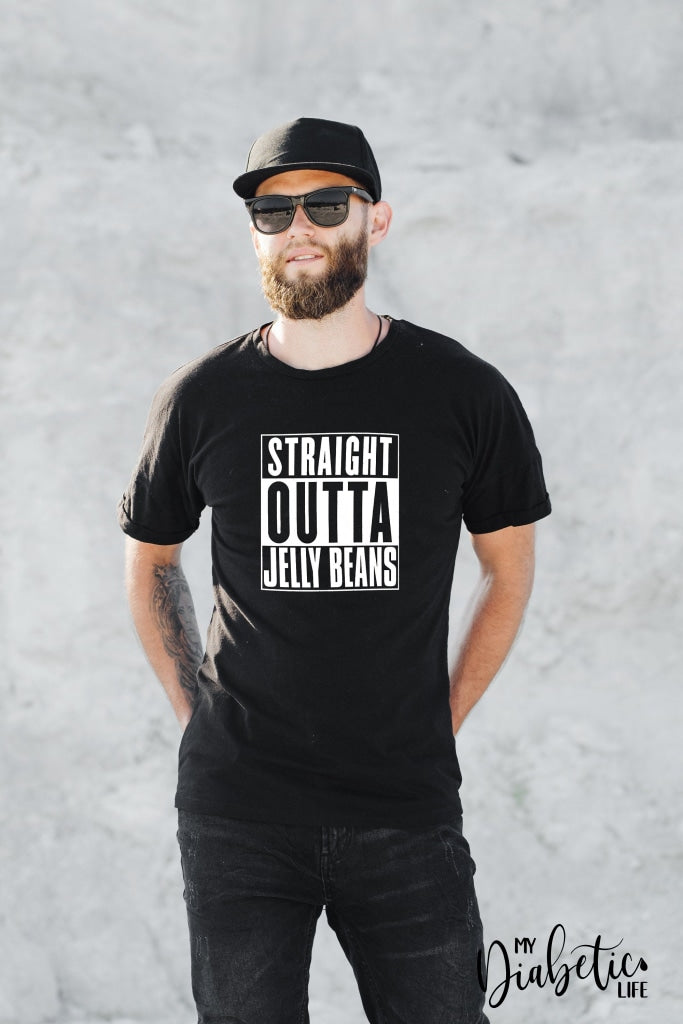 Straight Outta Jelly beans, glucose, insulin, cinnamon, DKA, test strips - type1 diabetic, Basic tshirt, Unisex Graphic Diabetes Tee - MyDiabeticLife