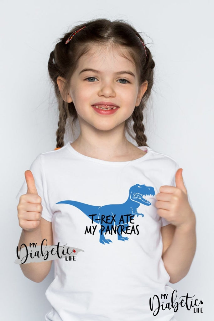 T-Rex ate my Pancreas  - Diabetes awareness, medical conditions, type one diabetic, Basic White tshirt, Kids Graphic Diabetes Tee - MyDiabeticLife