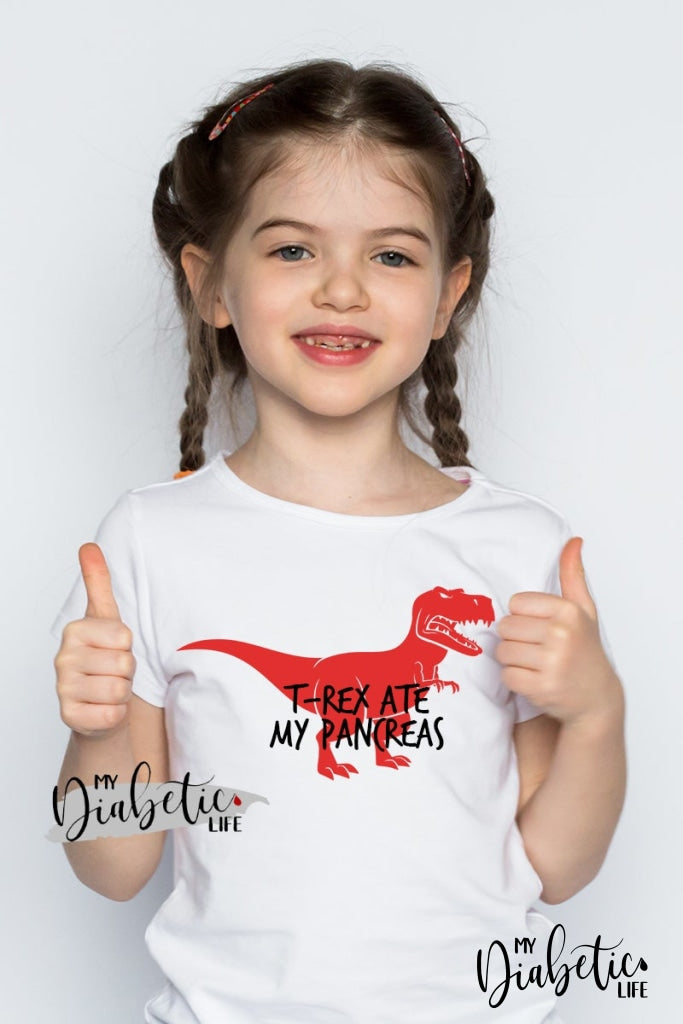 T-Rex ate my Pancreas  - Diabetes awareness, medical conditions, type one diabetic, Basic White tshirt, Kids Graphic Diabetes Tee - MyDiabeticLife