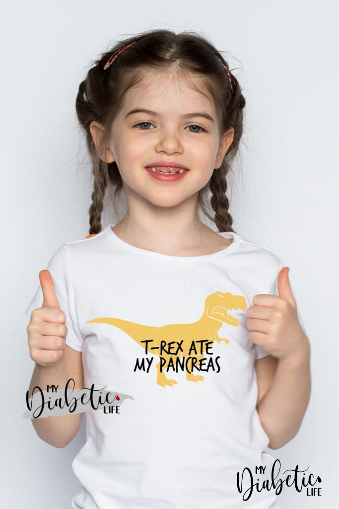 T-Rex ate my Pancreas  - Diabetes awareness, medical conditions, type one diabetic, Basic White tshirt, Kids Graphic Diabetes Tee - MyDiabeticLife