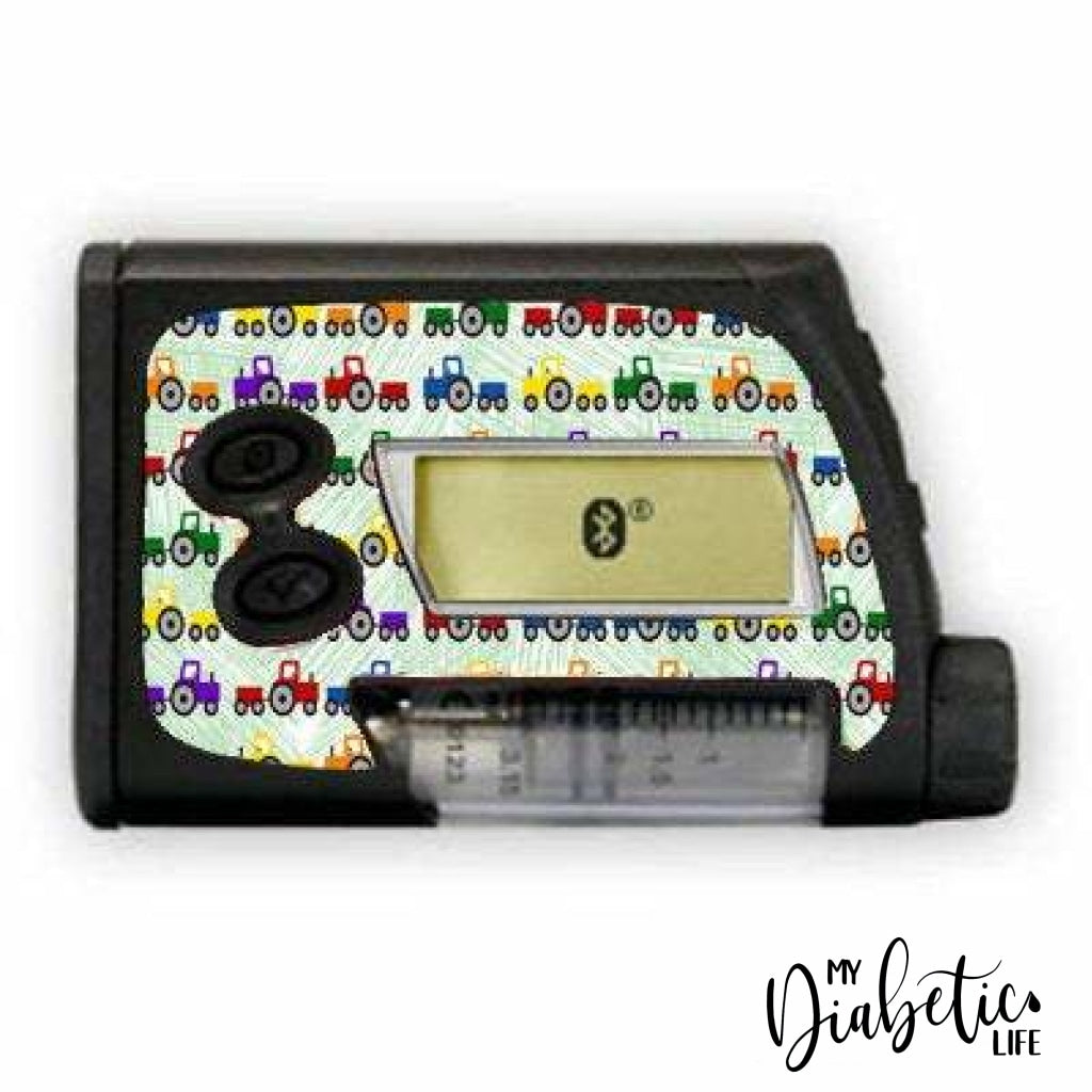 Multicoloured Tractors - Accu-Chek Spirit Combo, Peel, skin and Decal, insulin pump sticker - MyDiabeticLife
