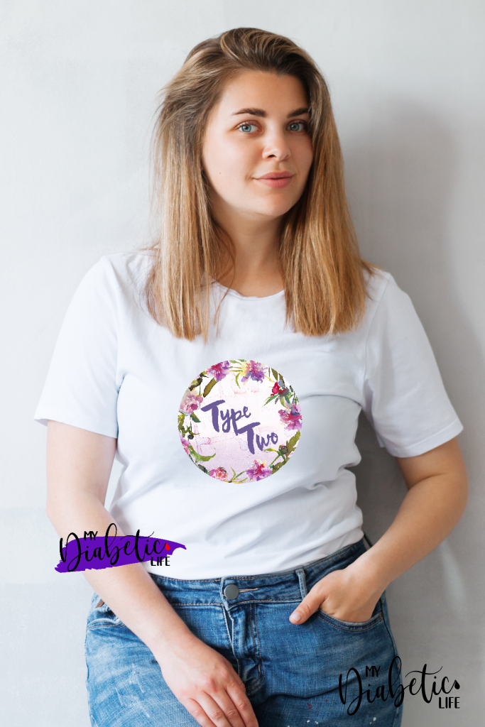 Type two Floral Emblem - diabetes awareness, medical conditions, type two diabetic, Basic White t-shirt, Womens Graphic Diabetes Tee - MyDiabeticLife