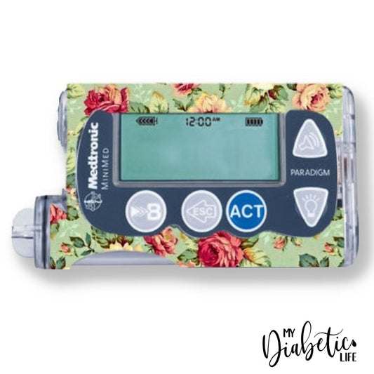Vintage Mint Roses - Medtronic Paradigm Series 7 Skin And Decal Insulin Pump Sticker