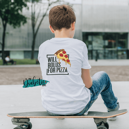 Will Bolus for Pizza - Kids Tee - Diabetes awareness, medical conditions, type one diabetic, Basic White tshirt, Kids Graphic Diabetes Tee - MyDiabeticLife